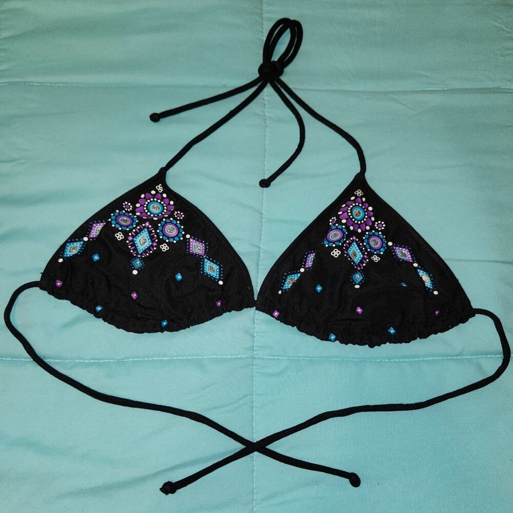 Vintage Style String Bikini Top S/M Black Purple Teal Print EUC